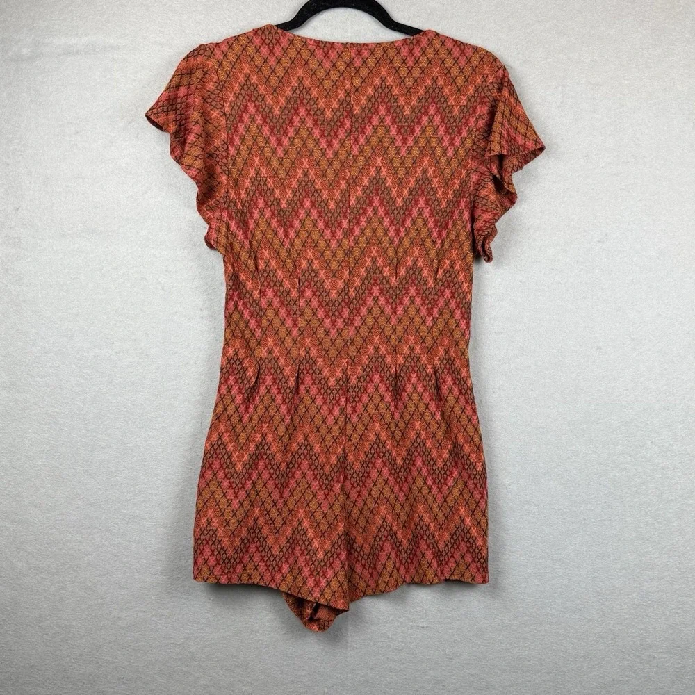 Free People Phoenix Chevron Orange Button Up 70s Vibe‎ Short Romper Sz S? *read